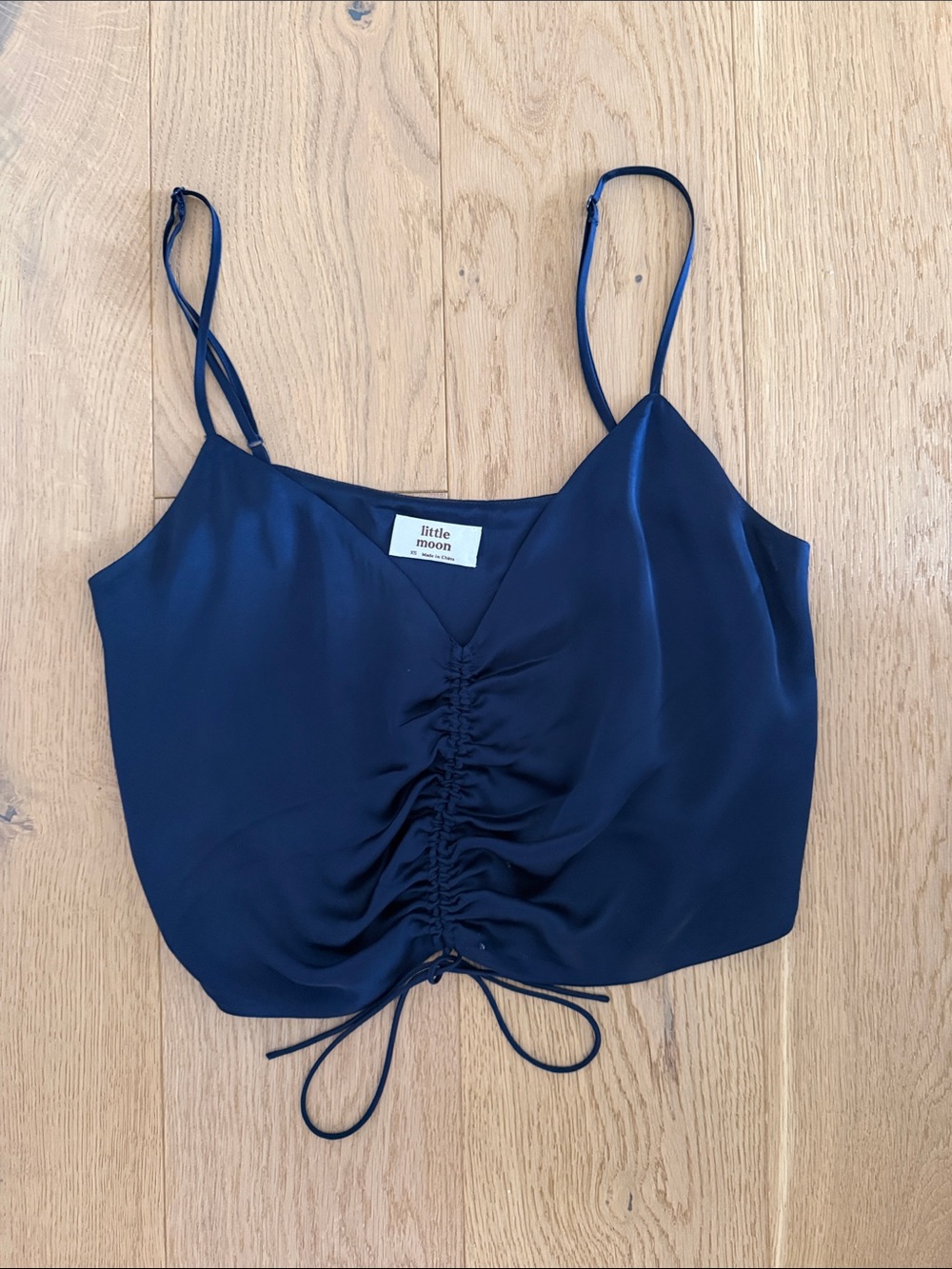 Little Moon Navy Satin Ruched Cami with Adjustable Straps